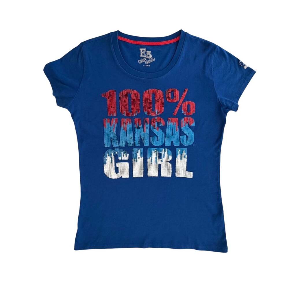 KU 100% Kansas Girl Sequin Drip Shirt Womens Size XL Jawhawks College Rock Chalk